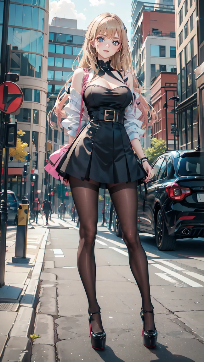 ((masterpiece, high resolution, better quality, better details)), ((Marin Kitagawa)), ((Smiling)), ((one girl)) a girl modeling standing in the city, mini skirt, blouse, ((big neckline)), ((platform high heels)), pink eyes with black outline, (light blonde hair, straight hair, straight bangs, long hair)), long nails, pink nails, (((curvy body))), shiny skin, ((side view)), solo, bare shoulders, full body, focus full body, high heels, ((black stockings)),