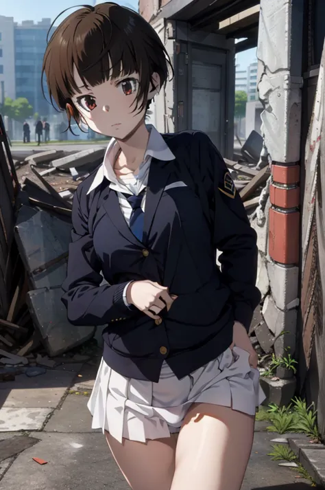 masterpiece,1 girl,akane tsunemori, navy blue tight skirt, navy blue jacket, white shirt, tie, pushed to the floor of the ruins,...