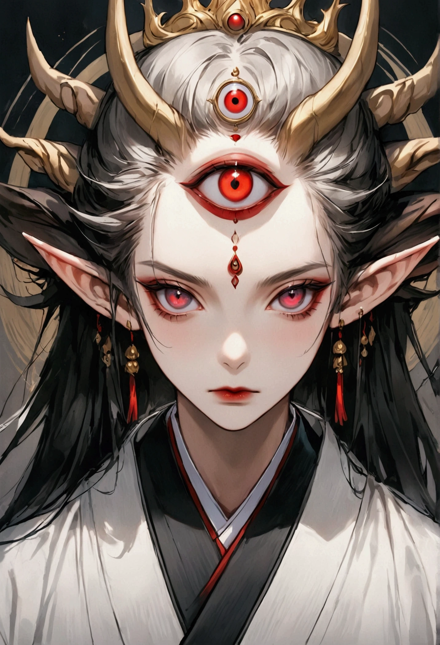 Digital board painting，Flat coating，Thick coating，Dark illustration，(((1 Prince，独奏，third eye on the forehead，Dark eyeshadow.Elf ears))),(((Japanese robe kimono：1.6))).solemn，majesty，momentum，whole body，black and gold，red