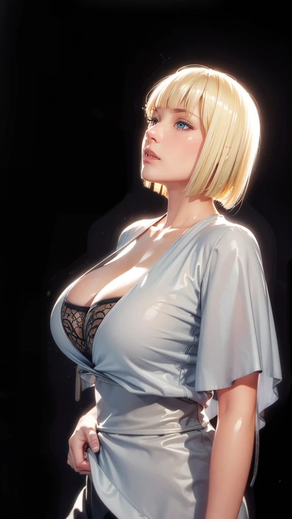 (（（Perfect body,White and tender skin,（（（BLACK KIMONO, CLEAVAGE, VAMBRACES,）））,（（（Samui, Blue eyes, blonde hair, short hair, bangs, blunt bangs,）））,((masterpiece)),high resolution, ((Best quality at best)),masterpiece,quality,Best quality,（（（ Exquisite facial features,Looking at the audience,There is light in the eyes,blush,Happy,lol）））,Look up at the sky，from the side）））,（（（Light and shadow,Huge breasts）））,（（（Looking at the camera,black background,)））),