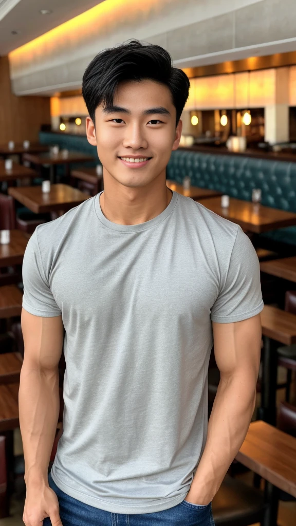 single: 1.5, (ที่TRUEแล้ว, Masterpiece, 8k HD, good light quality, sportswear, to fit the face, complicated details), A handsome Korean man with muscular arms.. , 20 years old, be happy, smile brightly, detailed face, delicate eyes, look at the sky, Wearing a tight gray t-shirt:1.6 ,Wear a denim coat.., Jeans era, black eyes, Black hair color, ผมsmooth, smooth，SurTRUE，Excellent details，Highest quality，TRUE，Open your mouth to talk.. , Close your eyes.., (Standing in a restaurant:1.5)