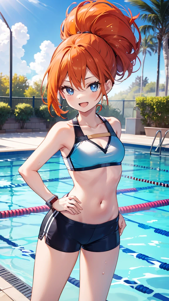 1 girl, masterpiece, best quality, highres, ro1, Misty from pokemon, hair bun, blue eyes, bikini top, blue bicycle shorts, small ponytail on the side, wristwatch, standing, hand on hip, smile, open mouth, (sparkle:1.1), orange hair, medium breasts, 3/4 body view, outdoors, swimming pool