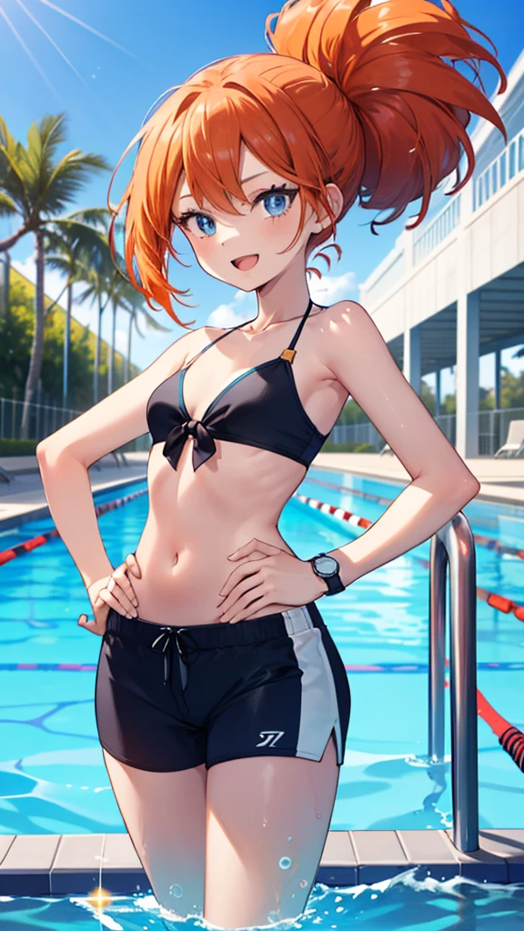 1 girl, masterpiece, best quality, highres, ro1, Misty from pokemon, hair bun, blue eyes, bikini top, blue bicycle shorts, small ponytail on the side, wristwatch, standing, hand on hip, smile, open mouth, (sparkle:1.1), orange hair, medium breasts, 3/4 body view, outdoors, swimming pool