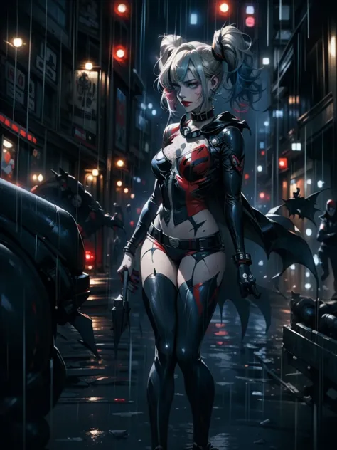 Full shot, Harley Quinn wearing the Batsuit in the heavy rain. on the streets of ghotam city in a neo city style. serious expres...