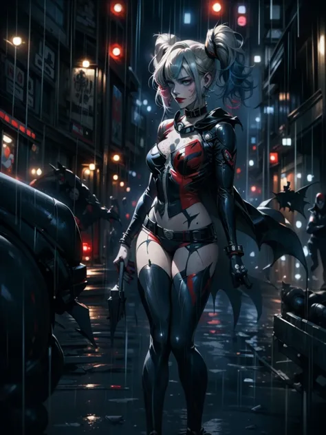 full shot, harley quinn wearing the batsuit in the heavy rain. on the streets of ghotam city in a neo city style. serious expres...