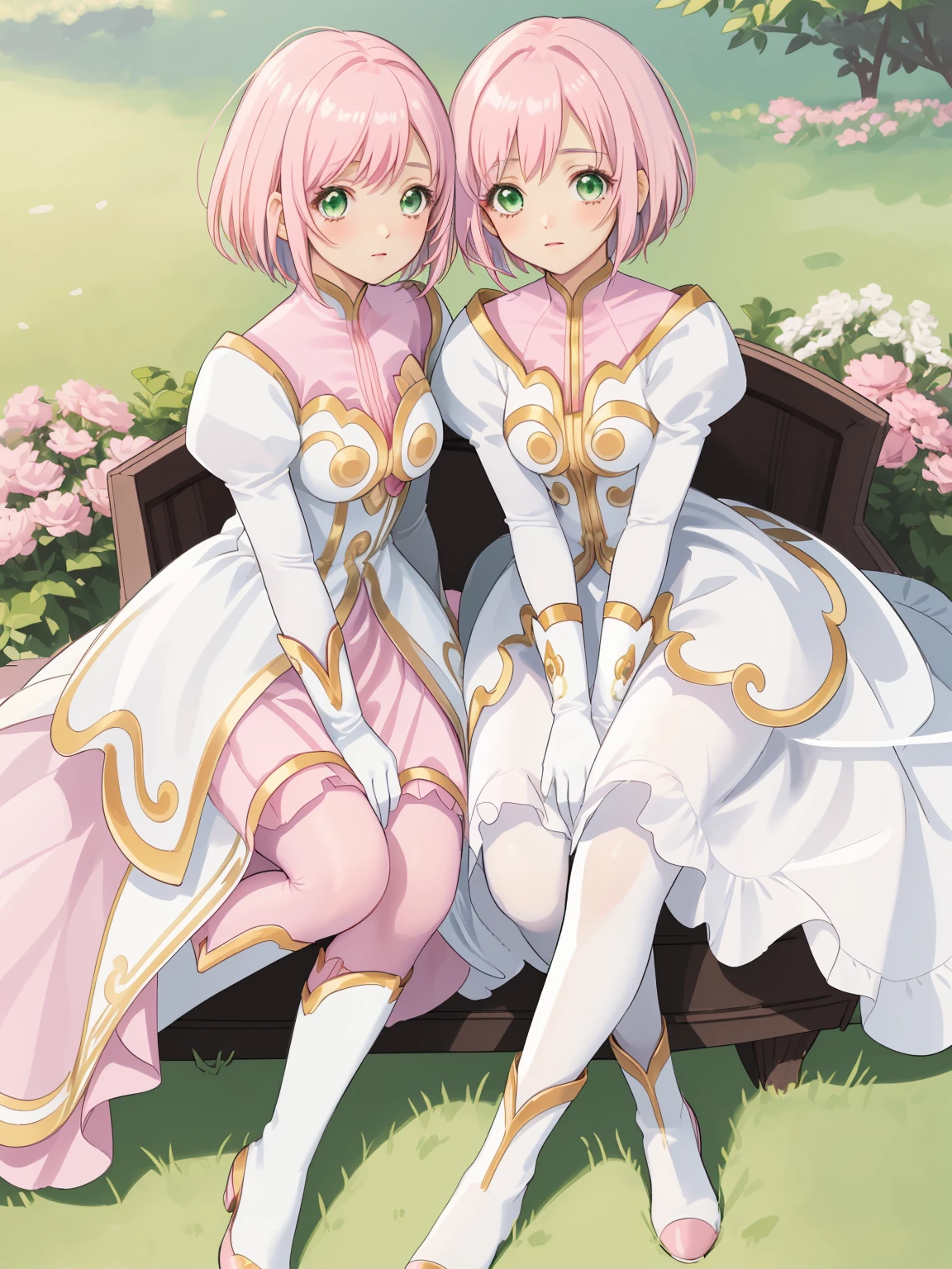 masterpiece, Highest quality, alone, One Girl,Estellise Sidos Heurassein, Pink Hair, short hair, Green Eyes, Small breasts, White and pink dress, Glamorous Dress, Pink collar, Pink Skirt, White boots, White gloves, (Black Pantyhose, Black legwear:1.1)whole body, Little:5, cute, (Beautifully detailed face), (Beautiful attention to detail), (Beautiful detailed hair)