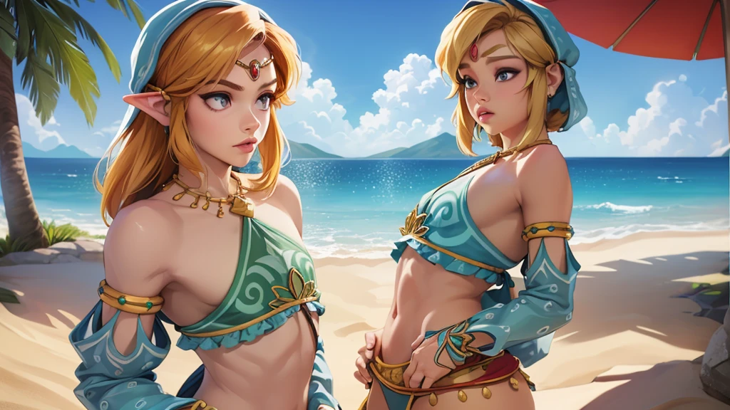 ((work of art)), ((best qualityer)), (detailded), perfect, standing alone, link, beautiful boy, Delicious lips, hair blonde, sexly, wearing Gerudo bikini set. Deitado sexly bunda pra cima.
