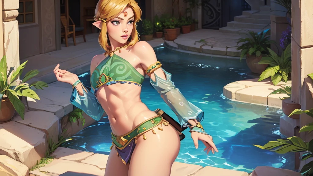 ((work of art)), ((best qualityer)), (detailded), perfect, standing alone, link, beautiful boy, Delicious lips, hair blonde, sexly, wearing Gerudo bikini set. Deitado sexly bunda pra cima.
