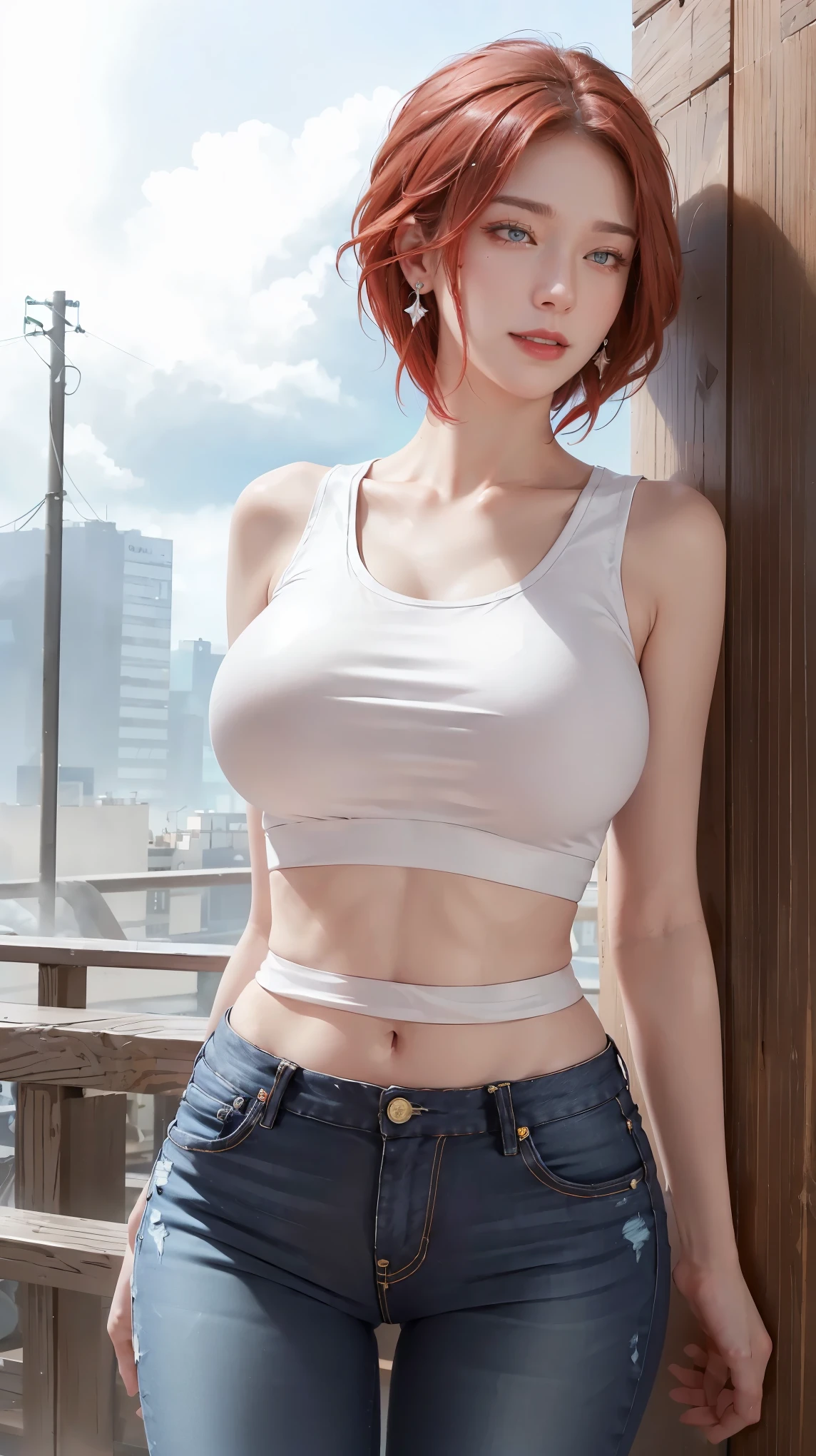 ((((masterpiece, best quality, high resolution)))), Extremely detailed 8K, Beautiful girl with voluptuous body, (Ultra HD, Ultra-detailed, Highly detailed, Highly realistic, Ultra-realistic, photograph realistic), (1girl:1.5), (Realistic red hair), (short wavy hair, hair ornaments, earrings), (dynamic poses), facing at camera, looking at viewer, (blushing red, embarrassed, exhausted, smile), (pink eyes, sharp eyes), (extra huge perky breasts:1.2), (wide hips:1.2), (beautiful detailed face, beautiful detailed eyes), ((white crop tank top, black jeans)), (detail pussy), (standing up), sweat, glow, (nightlight), ((cowboy shot)), outdoor, seductive