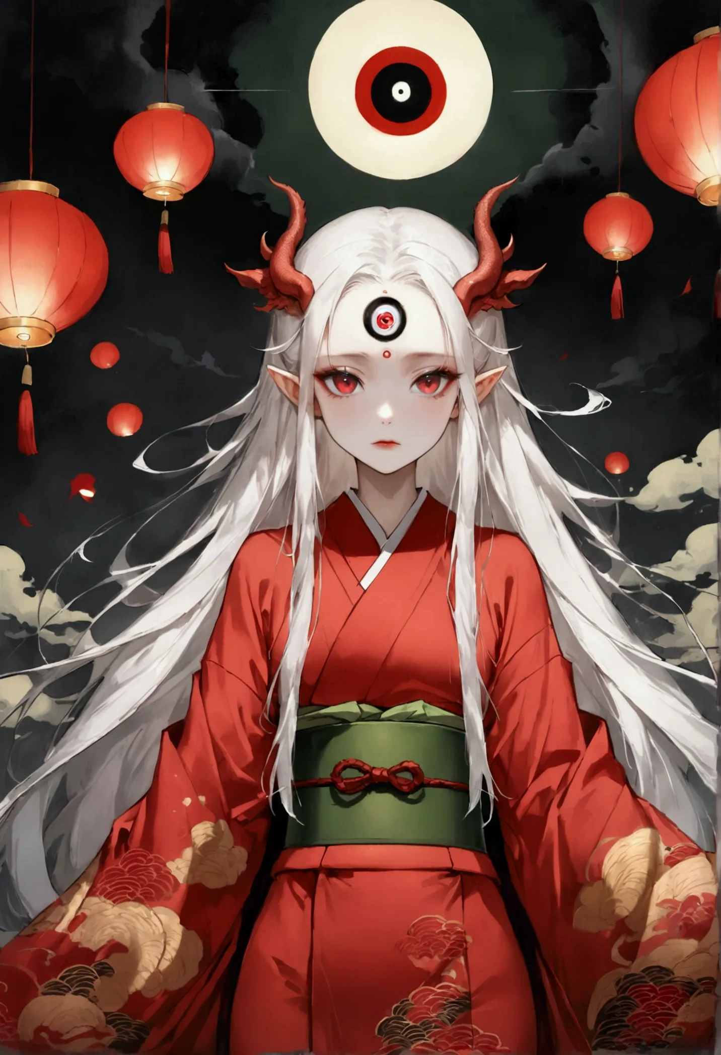 art illustration，dark style，(((little dragon girl，独奏，third eye on the forehead，white long hair - long hair))),(((gorgeous japane...