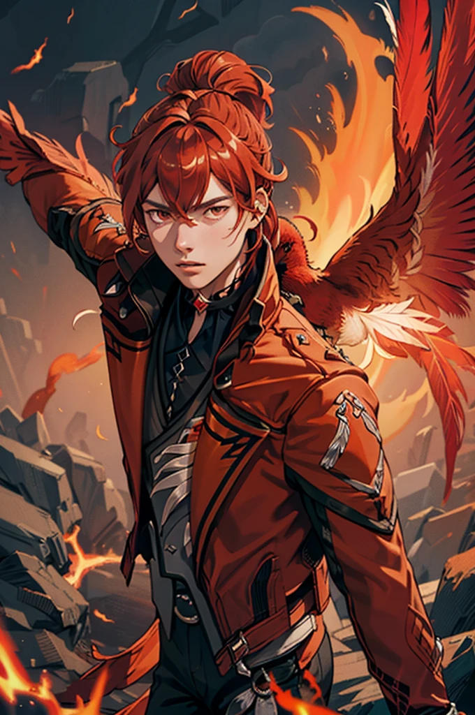 (masterpiece, best quality), 1 male, mature, aged up:1.4, tall muscular guy, broad shoulders, finely detailed eyes and detailed face, extremely detailed CG unity 8k wallpaper, intricate details, Fantasy, red hair, red flowers background,diluc (genshin impact), red eyes, ((red and orange bird feathers made of fire flying around him, lots of fire feathers)), red leather jacket, black collar, high ponytail red hair ((((flying red feathers))))