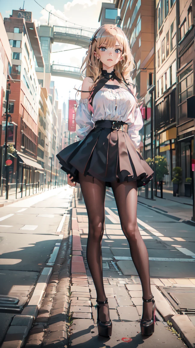 ((masterpiece, high resolution, better quality, better details)), ((Marin Kitagawa)), ((Smiling)), ((one girl)) a girl modeling standing in the city, mini skirt, blouse, ((big neckline)), ((platform high heels)), pink eyes with black outline, (light blonde hair, straight hair, straight bangs, long hair)), long nails, pink nails, (((curvy body))), shiny skin, ((side view)), solo, bare shoulders, full body, focus full body, high heels, ((black stockings)),