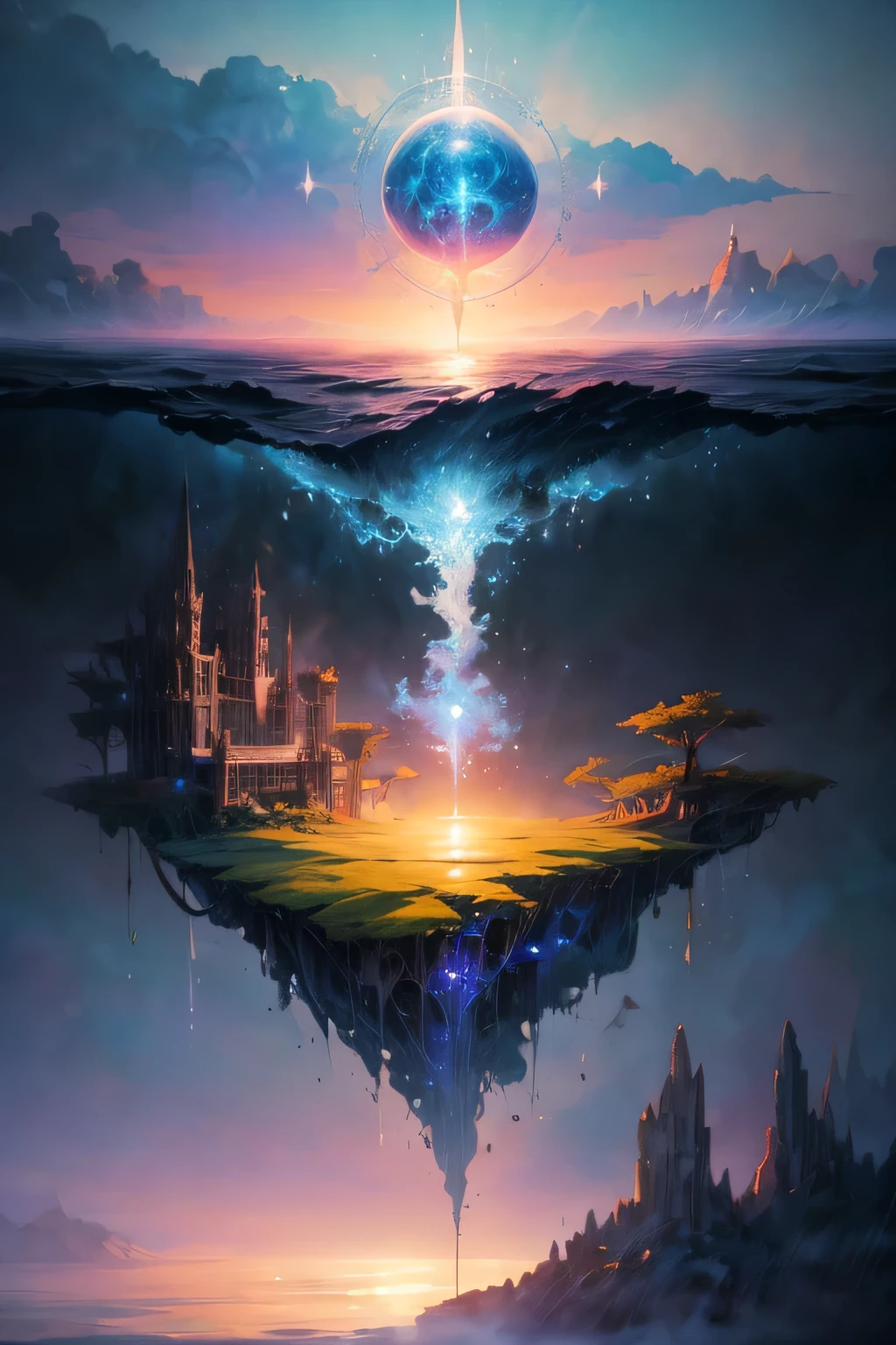 a mystical floating island above the sea, mirage-like shimmering, mysterious atmosphere, mist, ethereal, dreamlike, digital art, intricate details, 8k, photorealistic, hyperrealistic, cinematic lighting, dramatic lighting, warm color tones, glowing, high quality, intricate details, masterpiece, watercolor