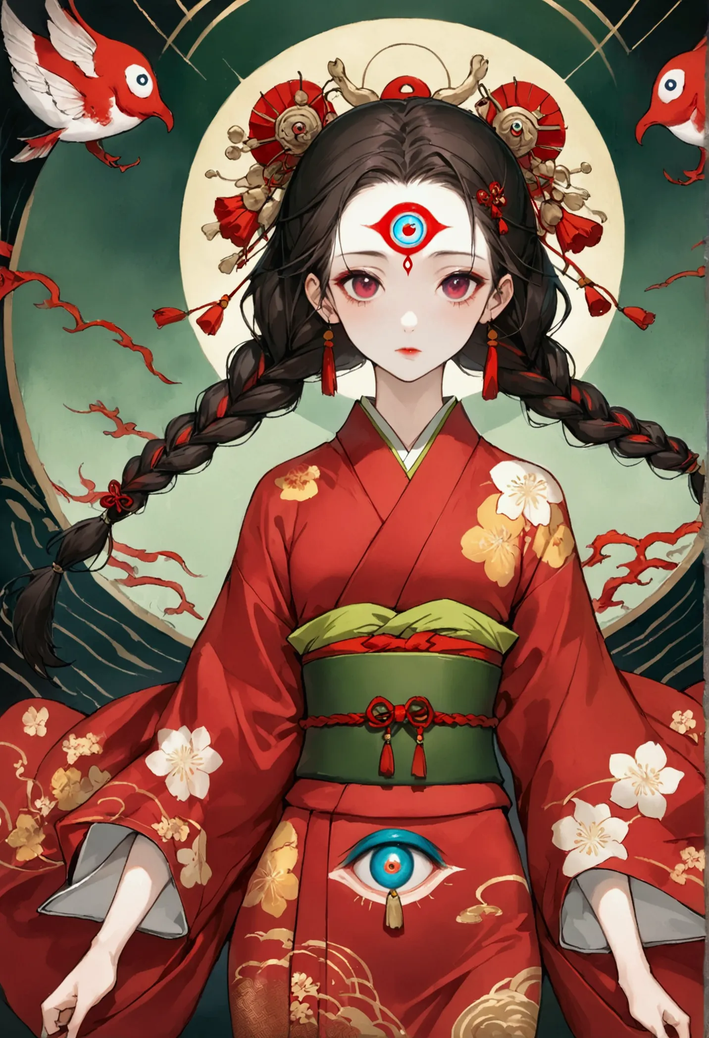 art illustration，dark style，(((1 girl，double braid，独奏，third eye on the forehead，))),(((gorgeous japanese red kimono：1.6，eye diag...