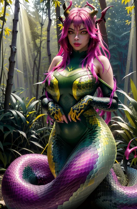 detailed snake skin, (adult), just concentrate, (lamia), stoic, beautiful monster girl, red horns, wide hips, beautiful eyes, be...