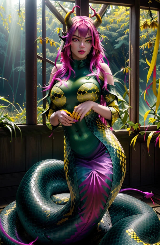 detailed snake skin, (adult), just concentrate, (lamia), stoic, beautiful monster girl, red horns, wide hips, beautiful eyes, beautiful background, abandoned cabin, the forest, light particles, Sun rays, dramatic lighting, outside, grass, leaves, бthe forestтящий (yellow, Fuchsia, green gradient:1.5), realistic, masterpiece, Best quality, ultra-detailed, detailed, landscape, beautiful detailed eyes, detailed hair, surrealism, Hipperrealism, hd, cinematic, movie quality rendering 