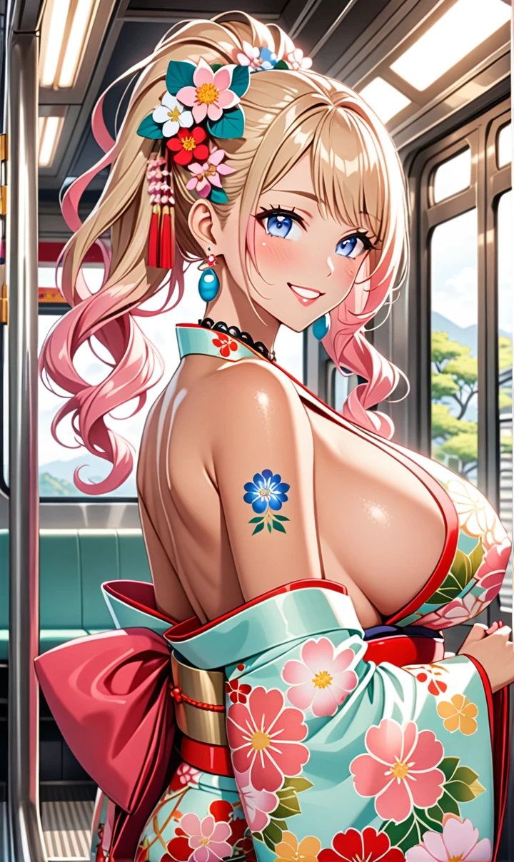 ultra-detailed, ((one girl)), (portrait), (tan skin:1.4), in pastel colors gyaru, (heavy makeup), (professional lighting) hyper detailed, absurdres, 8k, Beautiful Face, (Laugh shyly), ((teasing smile:1.5)), ((happy smile:1.5)),  ((Wink:1.6)), (Laugh with your mouth wide open),((Tilt your face:1.6)), View your viewers, ((Bright red cheeks:1.6)), Glossy shocking pink lips, ((huge breasts:1.6)),  ((undressing:1.3)),  ((Her tattoo peeked through her kimono:1.1)), noon, summer, on the train, Anime style background)),masterpiece, Highest quality, (Brighten your face), so beautiful,Latest, Complex details, ((fluorescent pink long nail:1.2)), (ring),((bracelet)), ((Floral choker)),AI-generated, Complex,High resolution, Highest quality, super high quality,3D Images、3D Images,One person, Blonde long hair ,(High Ponytail), (wavy hair:1.4), Anime woman posing for a photo, ((Fine grain、blue eyes、glowing eyes:1.4)), (Squint your eyes:1.1),a hyperRealistic , hyperRealistic , Realistic,Long blonde anime woman, Smooth anime CG art, A girl in a gorgeous pastel-colored kimono, ((Pastel-colored furisode)),(Pink large floral pattern),  (sideboob), Long flower hair ornament,Big earrings, Mature Body, tall,Narrow waist,  (upper body), 