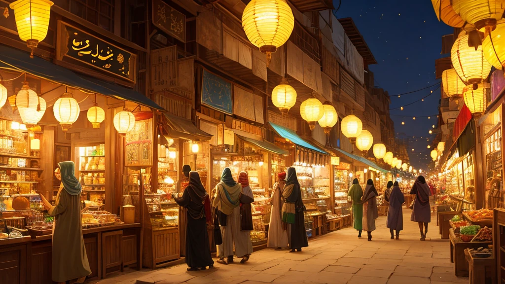 Dimly lit Middle Eastern bazaar、field、night、The place is packed with precious metals and beautiful textiles.、Min City、Fantasy、Many lantern lights、The view from inside the store