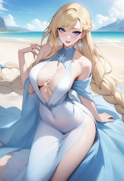 masterpiece, best quality, very aesthetic, absurdres, 1girl, mature_lady,white_dress,(cum_on_body:1.3),,elsa_(frozen), frozen_(d...