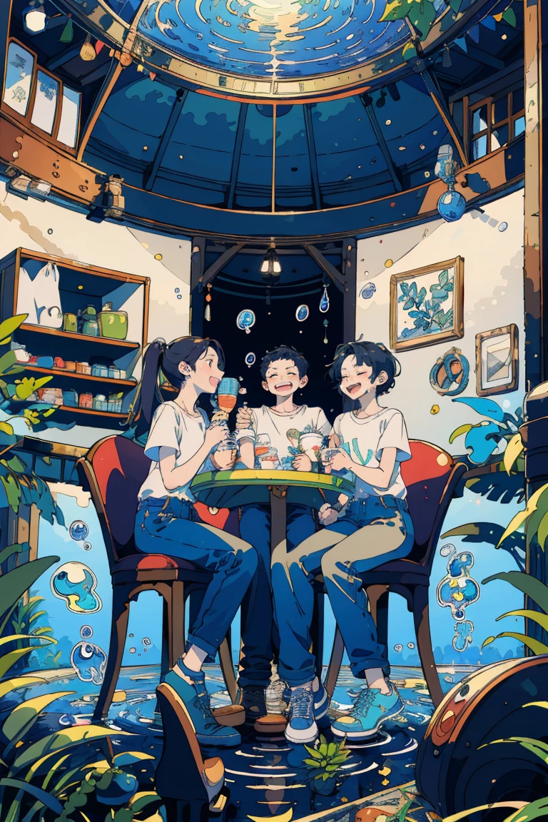 (masterpiece:1.2), Highest quality,Pixiv, 
Fairytale Style, Multiple women, 4 people, Short sleeve, Sitting, close your eyes, Chair, plant, cup, shoes, table, shirt, Open your mouth, water,  sign, bubble, pants, Wide Shot, leaf, smile
 