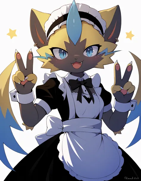 female, zeraora, furry, fluffy), cat nose, fluffy body, maid, peace sign