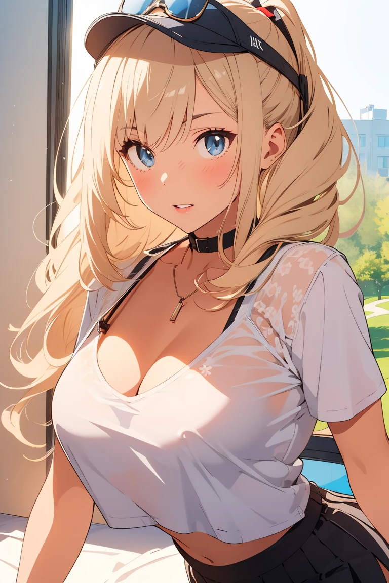 visual anime of a cute girl, best anime girl, Ecchi anime style, seductive lady, Big ,two blonde tails,detailed eyes and face,detailed lips,Beautiful detailed eyes,with white visor cap,White mini skirt,she wearing a white t-shirt,She is wearing a short-sleeved T-shirt with a low neckline and a black bra.., playing golf in a seductive pose.
