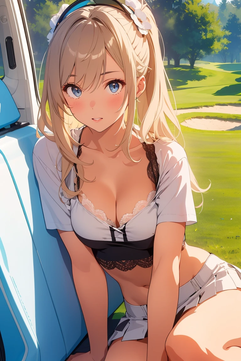 visual anime of a cute girl, best anime girl, Ecchi anime style, seductive lady, Big ,two blonde tails,detailed eyes and face,detailed lips,Beautiful detailed eyes,with white visor cap,White mini skirt,she wearing a white t-shirt,She is wearing a short-sleeved T-shirt with a low neckline and a black bra.., playing golf in a seductive pose.
