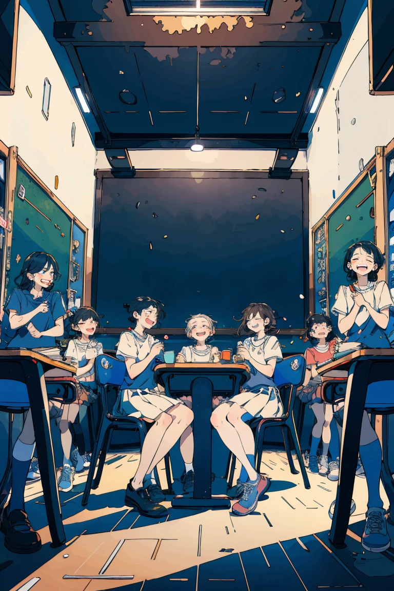 (masterpiece:1.2), Highest quality,Pixiv, Fairytale Style, Multiple women, 4 people, Short sleeve, Sitting, close your eyes, Chair, classroom、cup, shoes, table, shirt, Open your mouth, , uniform, Wide Shot, , smile