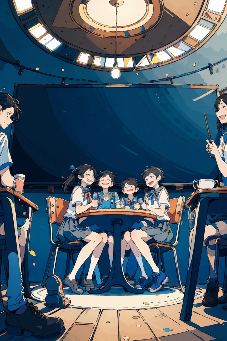 (masterpiece:1.2), Highest quality,Pixiv, Fairytale Style, Multiple women, 4 people, Short sleeve, Sitting, close your eyes, Chair, classroom、cup, shoes, table, shirt, Open your mouth, , uniform, Wide Shot, , smile