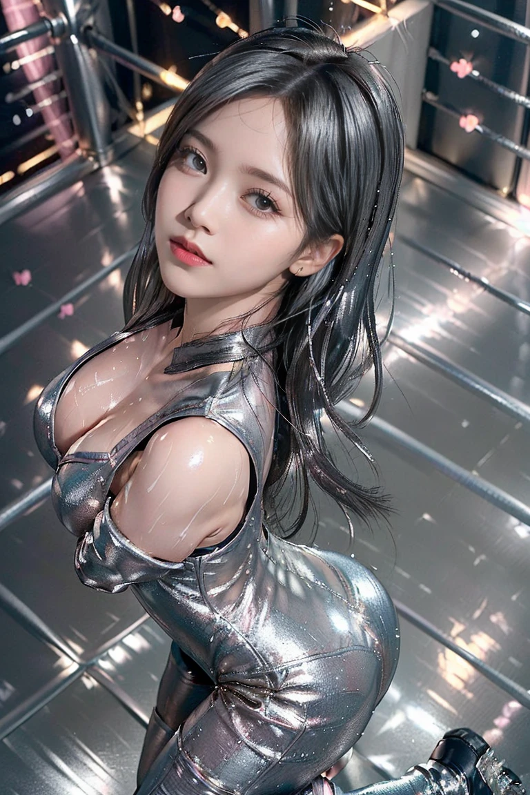 Ultra-high resolution, 1 Girl, 18-year-old, (Idols:1.4), (((Sakura Hagiwara:1.4))), (Beautiful detailed face:1),(Beautiful detailed face:1), , ((Best Quality)), Cinematic Light, ,Mood lighting, (((Perfect Anatomy:1.10))), (Finely detailed face:1.2), (Representative works:1.5), (Best Quality:1.2), looking at another, Lipstick, V Line Jaw, ((Prevents clothing from digging into the skin)), (((Sexual expressions:1.4))), ((Blushing:1.2)), (((Suffering expression:1.5))), ((Heavy breathing)), ((Blue eyes)), (The background is blurred), Glossy texture, Strong winds:1.3, (((Very dark silver hair:1.6))), (((tears:1.3))), (Perfect Face:1.4), ((Shiny skin:1.2)), (very smooth skin), (((Excessive sweating all over the body:1.4))), (((Sweaty skin:1.3))), White Skin, Slender, Narrow nose, (Narrow waist:1), ((((Tired look:1.3)))), (Half-open mouth:1.3), (Saliva:1.1), (Medium size breasts:1.4), There is cleavage in the chest, Bangs, Light makeup, Small Ass, ((Pro Wrestling Match Venues:1.3)), ((Inside the professional wrestling ring:1.3)), ((Sexy wrestling costume design:1.3)), (Pure white wrestling costume:1.3), ((Intricately designed white wrestling costume:1.3)), (Patent leather long wrestling boots), Thimble Skin Gloves, (((Lie on your back:1.3))), (Spread your legs), (((Top view))), ((((High angle)))), ((((Does not depict genitalia)))),