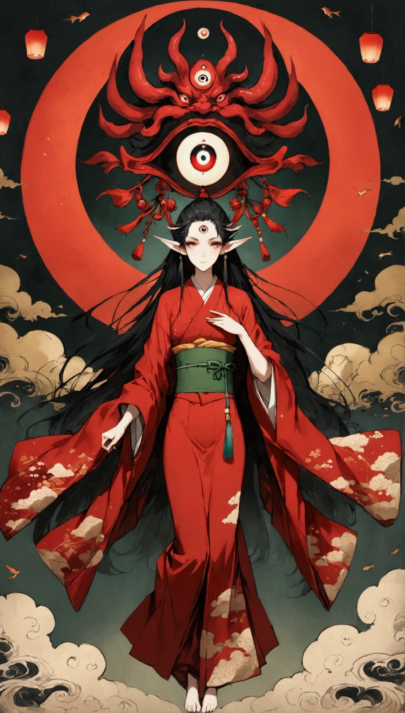 Art Illustration，Dark Style，(((1 Boy，独奏，third eye on the forehead，Elf ears))),(((Gorgeous Japanese red kimono：1.6，Eye Diagram，Dark Pattern))).(((Thin waist，Greenbelt：1.37)))whole body，Paper lanterns in the sky，Kongming Lantern