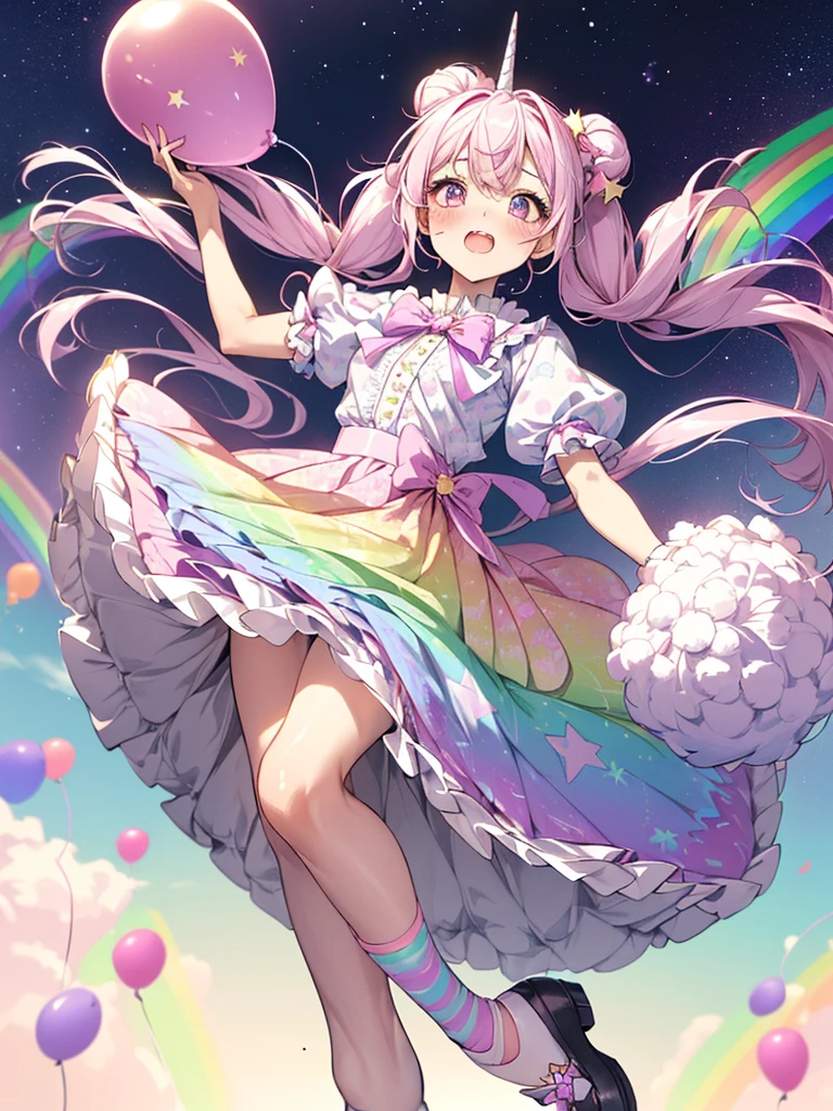 (whole body, legs and shoes visible: 1.2)) Expressive eyes, One girl, Pale skin, Long Hair, Windblown Hair, ((absurdly Long Hair)), Long Side Lock, Princess bangs, Hair bangs, Hair Bun, ((Very long twin tails)), Rainbow Hair, Light pink hair, blush, full face blush, big sparkling Pastel Purple eyes, (Gradient Eye), Laughing with your mouth open, cute pose, ((Holding a balloon : 1.3)) ((cute and pastel fashion)) ((🦄🎠🎈🎉 theme : 1.4)) A loose pastel dress, ((Dreamy multi-colored open dress)), (Floating ribbon), Lavender Frill, Pink frills, (Light blue lace), Removable short sleeves, Fluffy skirt, ((Rainbow and star printed skirt : 1.3)), Lolita Skirt, Purple ribbon, ((pom pom ribbon hair ornament : 1.4)), Multiple Bows, Striped lace stockings, (heart型のレッグガーター), cute (Pastel Purple) shoes ((Ultra-detailed clothing and fashion)) I&#39;m watching you, Vintage Girl, blush, (Beautiful attention to detail), (Highly detailed CG Unity 8k wallpaper) (Best Shadow), ((Very delicate and beautiful)), (Detailed light), ((Depth of written boundary)) Big Head, Big, bright eyes, Moe, Splash Art, Cinema Lighting, Front view, volumetric lighting maximalist photo illustration k resolution high resolution intricate detailed complex key visuals precise linear ((Dreamy pastel sky background, Surrounded by sunset clouds, shooting star, Castle above the clouds)) ((Ultra-detailed landscapes, Foggy clouds, Hung by balloons, heart : 1.3))