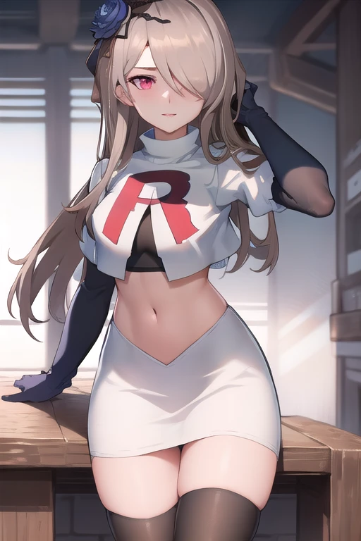 rita rossweisse, brown hair, long hair, hair over one eye, eyes visible through hair, hair flower, blue rose, red eyes, swept bangs, mole under eye, team rocket,team rocket uniform,white skirt,red letter R,crop top,black thigh-highs,black elbow gloves