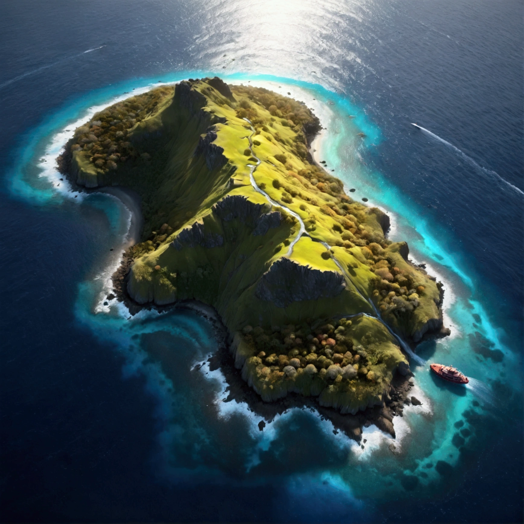 (rainbowcolored multiglowing island:1.4), from above, cinematic angle, realistic, hyper-realistic, photorealistic, (best quality,4k,8k,highres,masterpiece:1.2),ultra-detailed,(realistic,photorealistic,photo-realistic:1.37),vivid colors,dramatic lighting,