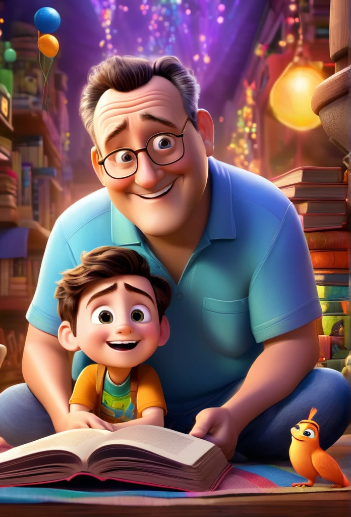 (wide amgle:1.2),(bright and vibrant colors), (highres), (realistic:1.37), Disney Pixar Movie poster, (art by Kevin James), skinny, no muscle, (55 years old man and his son),father and son, (beautiful detailed eyes:1.1), (beautiful detailed lips:1.1), smiling with a warm expression, (charming appearance:1.1), (professional lighting), (ultra-fine rendering), upper body shot, (expressive facial features:1.1), reading a book to the son, (reading intently:1.1), surrounded by magical elements representing different Pixar movies, (dynamic composition), (whimsical details), (playful characters), vibrant background, filled with color and joy, (3D render), (fantastical art style), (nostalgic aesthetic), (attention to detail:1.1).
