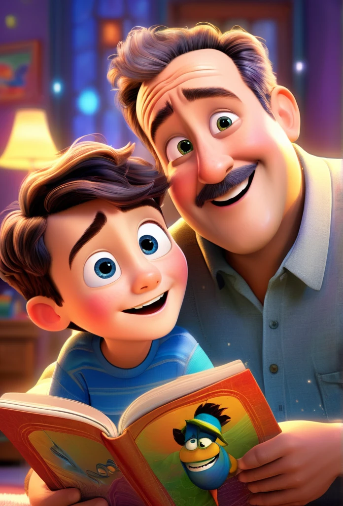 (wide amgle:1.2),(bright and vibrant colors), (highres), (realistic:1.37), Disney Pixar Movie poster, (art by Kevin James), skinny, no muscle, (55 years old man and his son),father and son, (beautiful detailed eyes:1.1), (beautiful detailed lips:1.1), smiling with a warm expression, (charming appearance:1.1), (professional lighting), (ultra-fine rendering), upper body shot, (expressive facial features:1.1), reading a book to the son, (reading intently:1.1), surrounded by magical elements representing different Pixar movies, (dynamic composition), (whimsical details), (playful characters), vibrant background, filled with color and joy, (3D render), (fantastical art style), (nostalgic aesthetic), (attention to detail:1.1).
