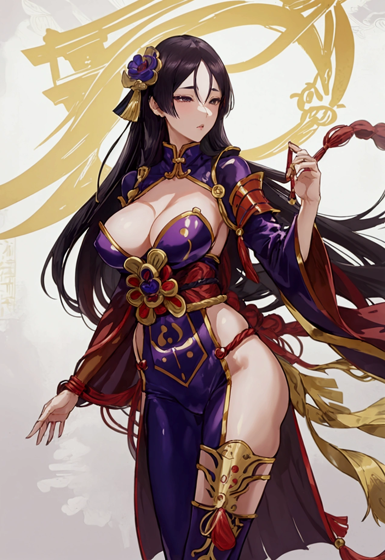 Masterpiece, best quality, height, Um 1, Minamoto no Raikou (fortune), high neck, glove, Japanese clothes, loincloth, (Breast curtain:1.1), rubber sleeve, rope, (body suit:1.2), stand, outdoor, stadium, flower, cowboy shoot,