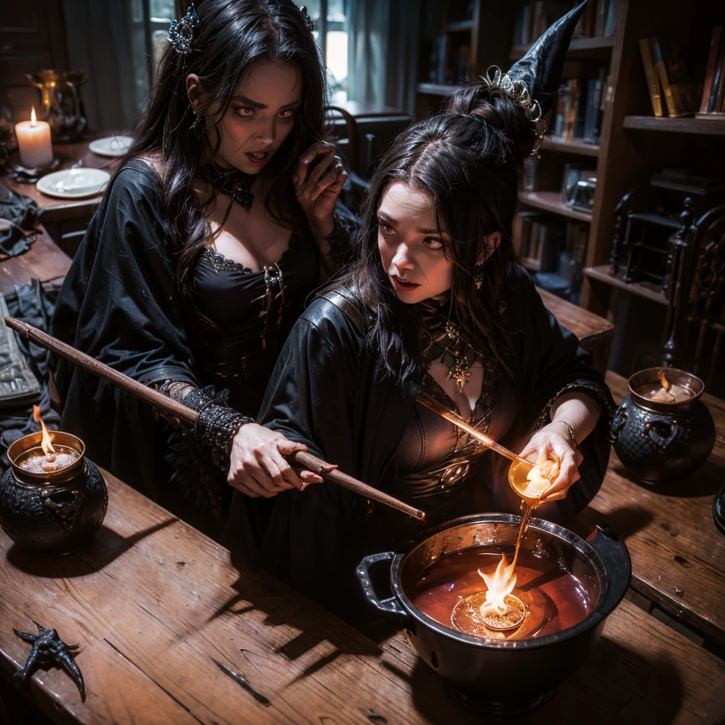 a dark witch casting a dark spell with a small cauldron on the table, behind her a demonic figure dominates the scene