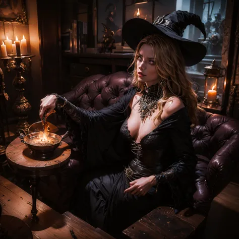 a dark witch casting a dark spell with a small cauldron on the table, behind her a demonic figure dominates the scene