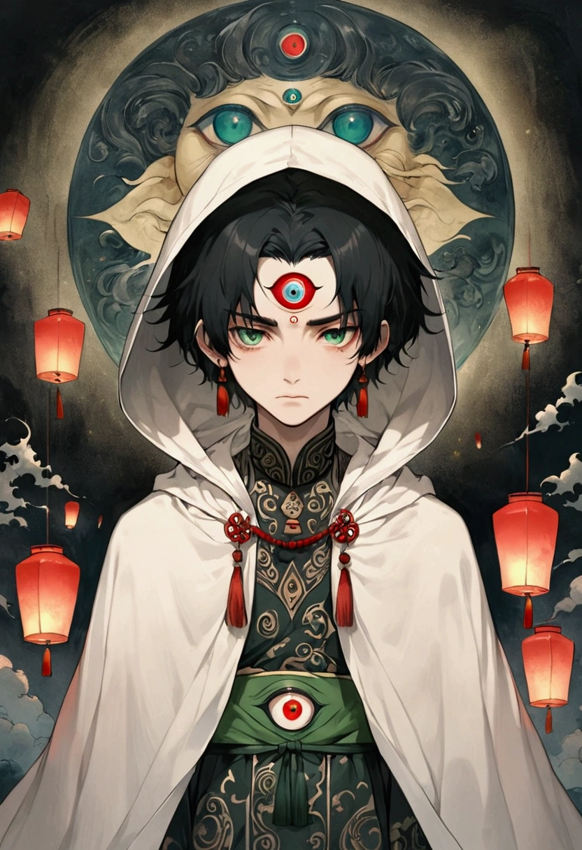 Art Illustration，Dark Style，(((1 Boy，独奏，third eye on the forehead，))),(((Hooded Cape：1.6，Eye Diagram，Dark Pattern))).(((Thin waist，Greenbelt：1.37)))whole body，Paper lanterns in the sky，Kongming Lantern，Death Stare。