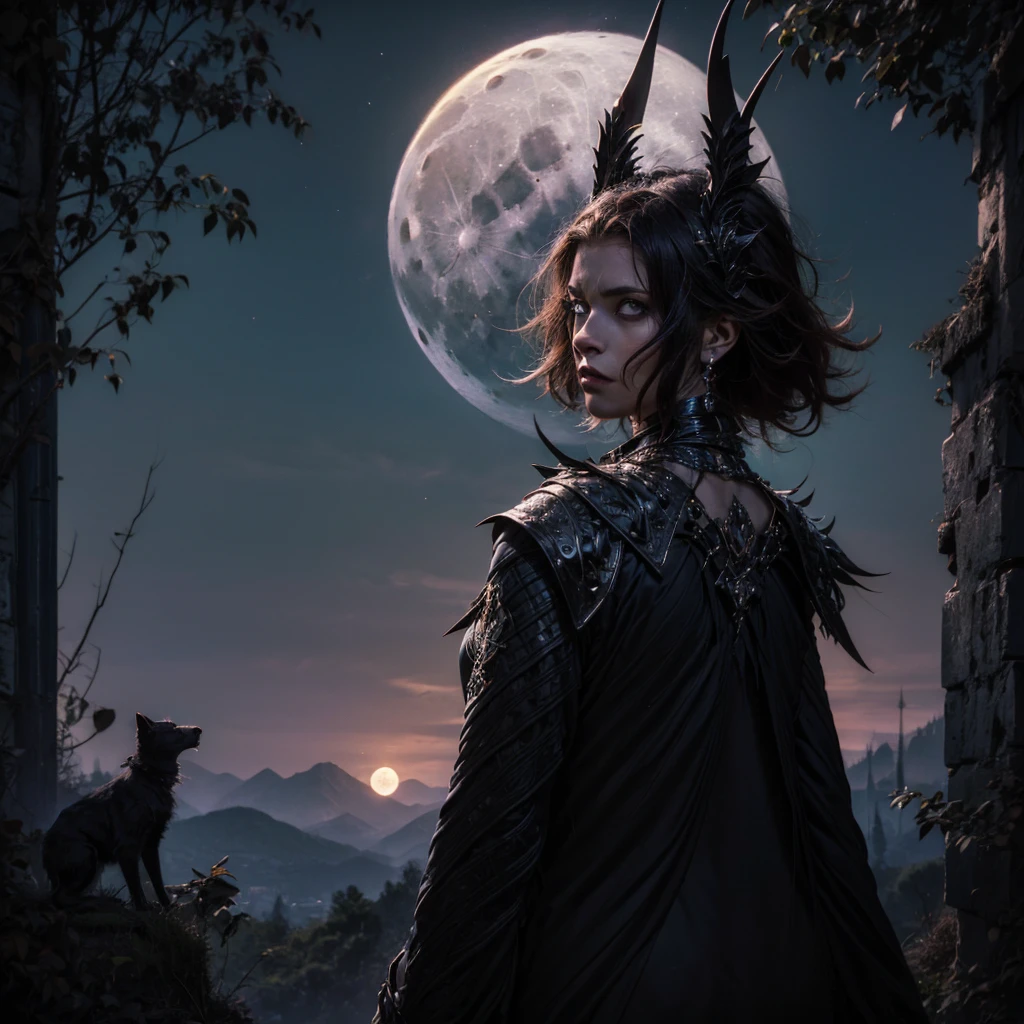 
a mysterious dark girl with a tormented look, in the background a hill with a full moon behind it