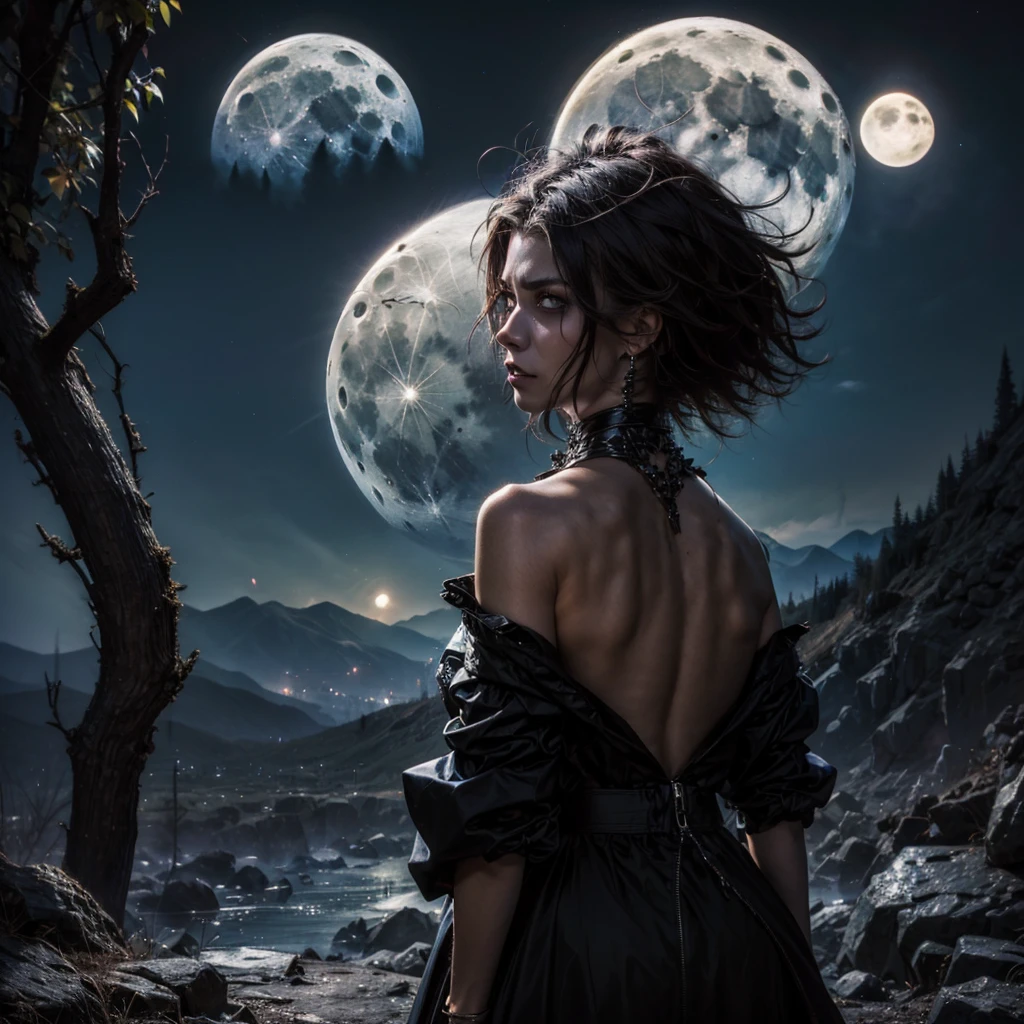 
a mysterious dark girl with a tormented look, in the background a hill with a full moon behind it