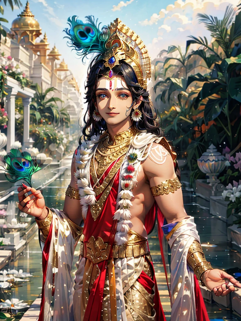 Krishna , loving man , beautiful glitter eyes , blue skin tone , smiling , divine nature, holding flutes in his hands, peacock feather on head.