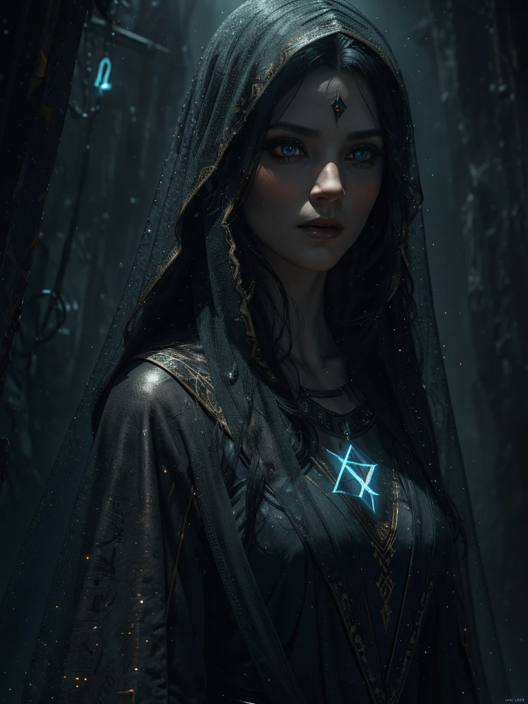 a beautiful 30 year old woman, pale skin, intense magical and glowing runes across the body, vibrant runes, long black hair, a dark veil over the entire body, ((magic runes highlighted)), face covered by the veil, eyes completely white, delicate costume, detailed eyes, detailed lips, extremely detailed face, long eyelashes, portrait, dark fantasy, sci-fi, digital art, cinematic lighting, dramatic colors, chiaroscuro, moody atmosphere, head on fire, (best quality,4k,8k,highres,masterpiece:1.2),ultra-detailed,(realistic,photorealistic,photo-realistic:1.37)