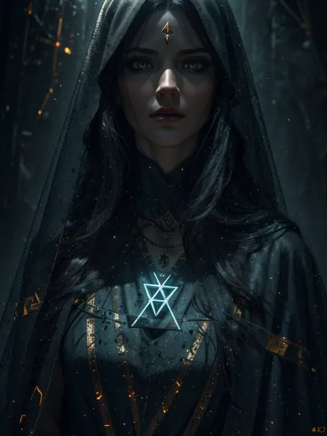 a beautiful 30 year old woman, pale skin, intense magical and glowing runes across the body, vibrant runes, long black hair, a d...