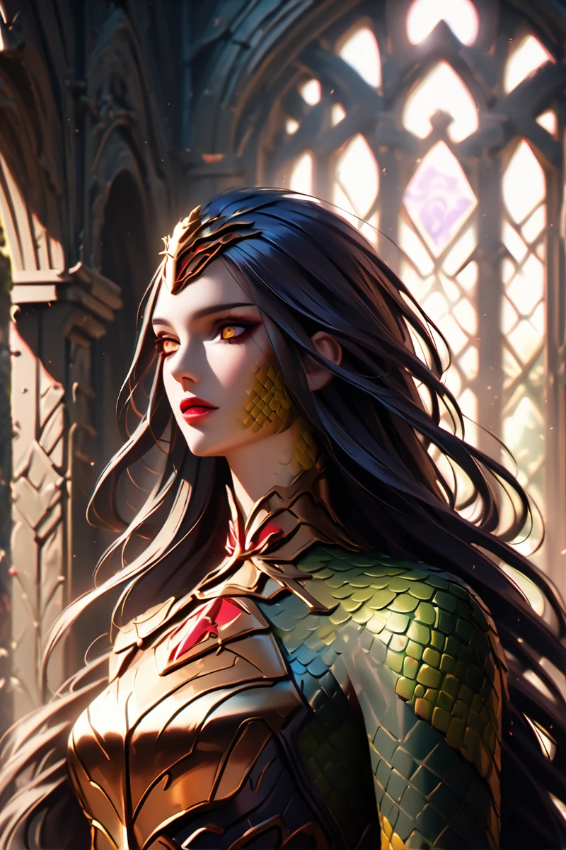 (gorgon:1.5), beautiful detailed eyes, beautiful detailed lips, extremely detailed face and skin, small skin imperfections, intricate armored dress, cinematic lighting, dark moody colors, dramatic shadows, chiaroscuro, photorealistic, 8k, high resolution, ultra-detailed, masterpiece