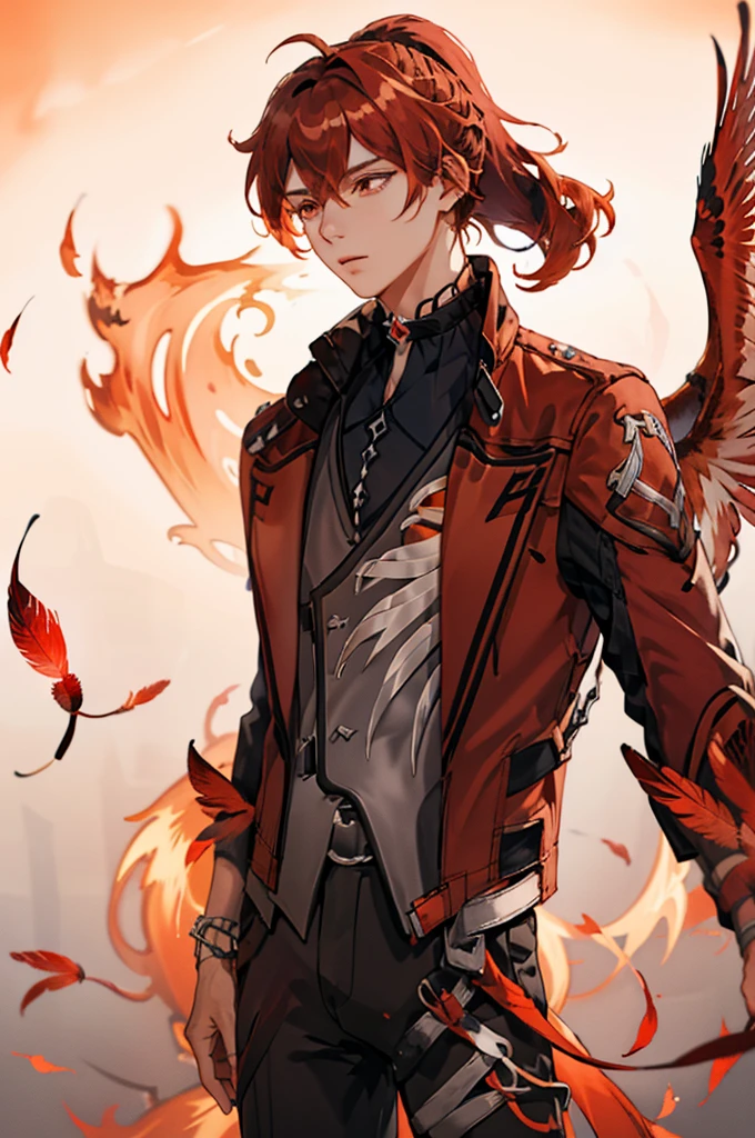 (masterpiece, best quality), 1 male, mature, aged up:1.4, tall muscular guy, broad shoulders, finely detailed eyes and detailed face, extremely detailed CG unity 8k wallpaper, intricate details, Fantasy, red hair, red flowers background,diluc (genshin impact), red eyes, ((red and orange bird feathers made of fire flying around him, lots of fire feathers)), red leather jacket, black collar, high ponytail red hair ((((flying red feathers))))