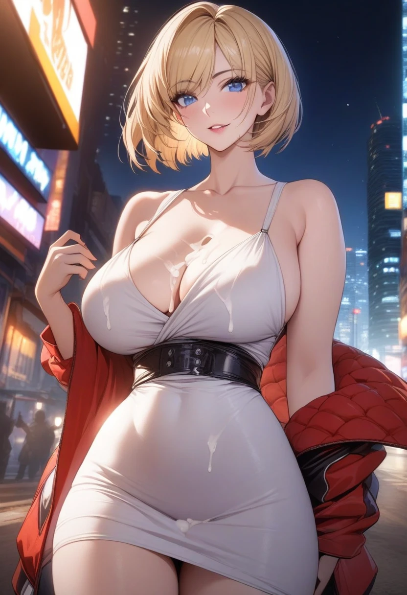 masterpiece, best quality, very aesthetic, absurdres, 1girl, mature_lady,white_dress,(cum_on_body:1.3),,blue_mary(fatal_fury), snk, the_king_of_fighters, 1girl, bare_shoulders, blonde_hair, blue_eyes,  short_hair, bob_cut,,cityscape, leaf, moon, night, night_sky, outdoors, sky, skyscraper,,blur background,background defocus,