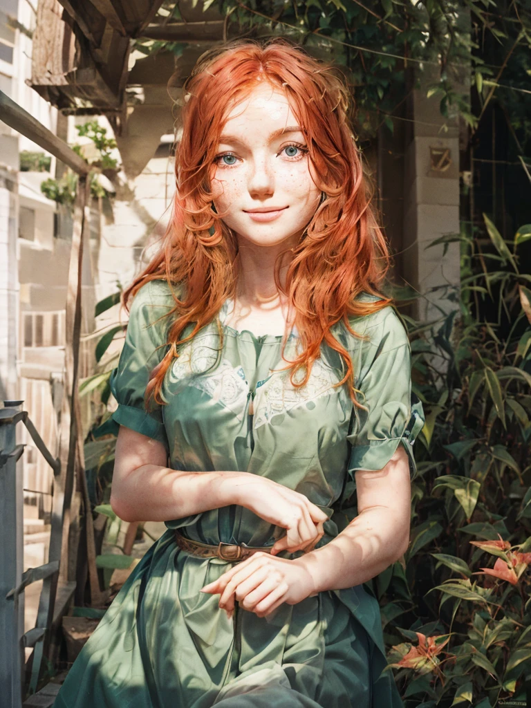 A happy, close shot, upper body beautiful portrait photo of the most beautiful redhead girl, natural beauty, no makeup with pale skin, long rich ginger hair, blue eyes, hollow cheeks, freckles on face and body, aesthetic feminine green dress (Ultra details, High Quality)