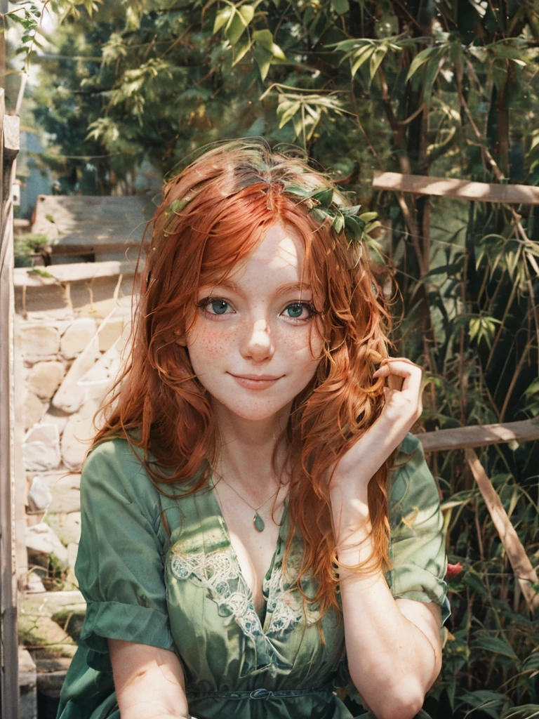 A happy, close shot, upper body beautiful portrait photo of the most beautiful redhead girl, natural beauty, no makeup with pale skin, long rich ginger hair, blue eyes, hollow cheeks, freckles on face and body, aesthetic feminine green dress (Ultra details, High Quality)